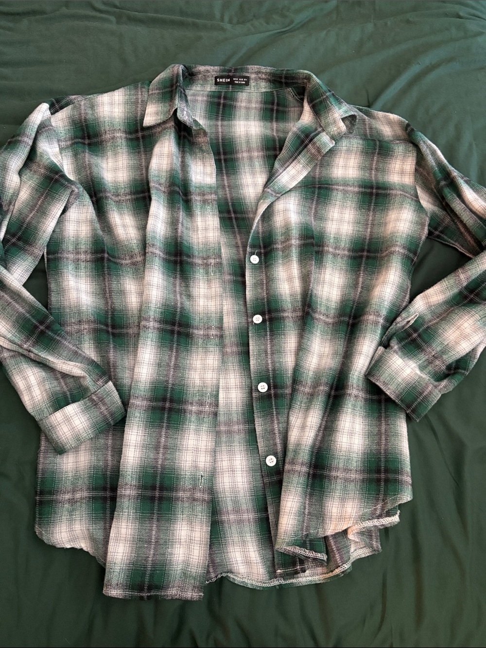 SHEIN Green and White Plaid Button-Down Shirt